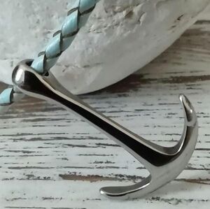 Men's Leather Necklace, Stainless Steel Anchor-Nautica-Inspired Jewelry